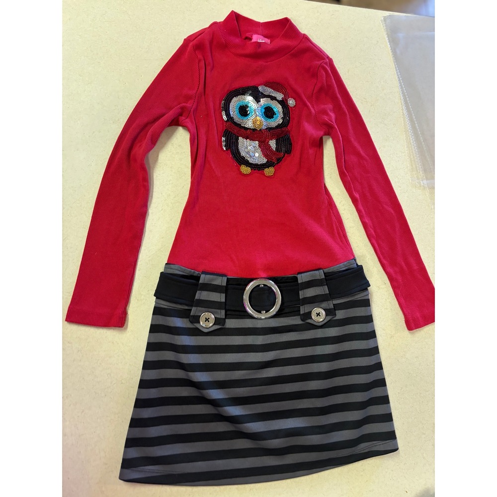 Pinky Girls Red Sequin Owl Holiday Dress Striped Skirt Belted Size 8